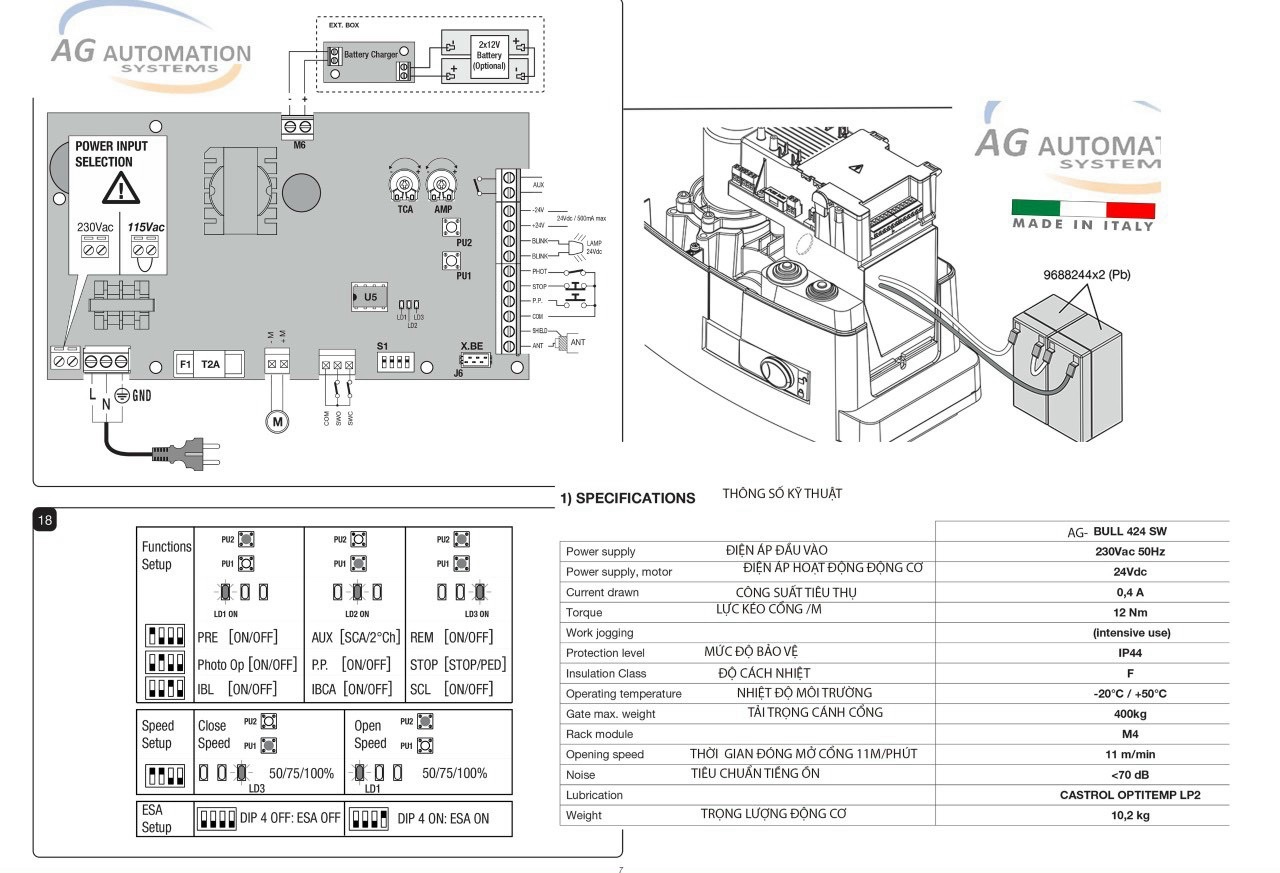 Bảng thông số kỹ thuật motor cổng lùa Beninca AG BULL 424SW