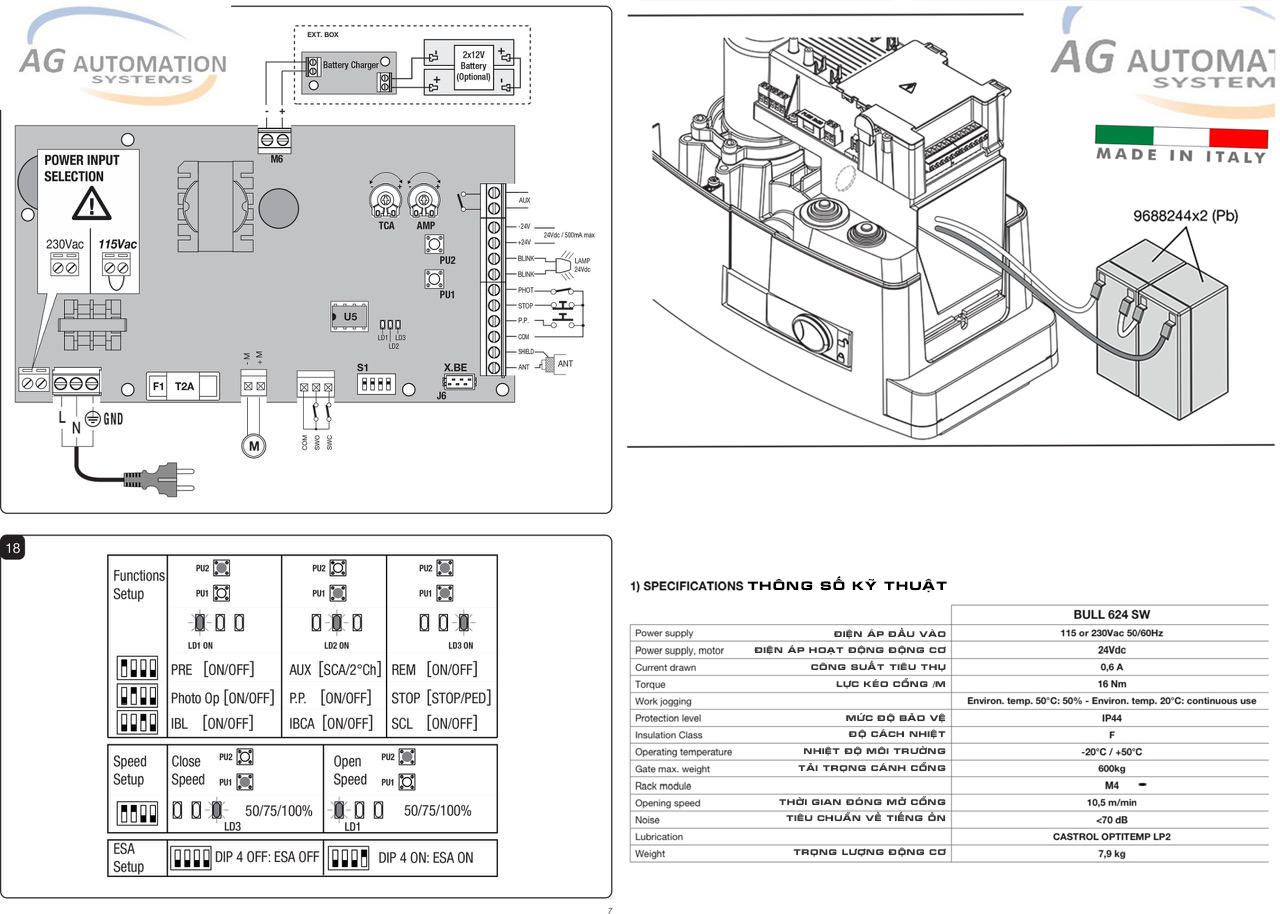Bảng thông số kỹ thuật motor cổng lùa Beninca AG BULL624SW