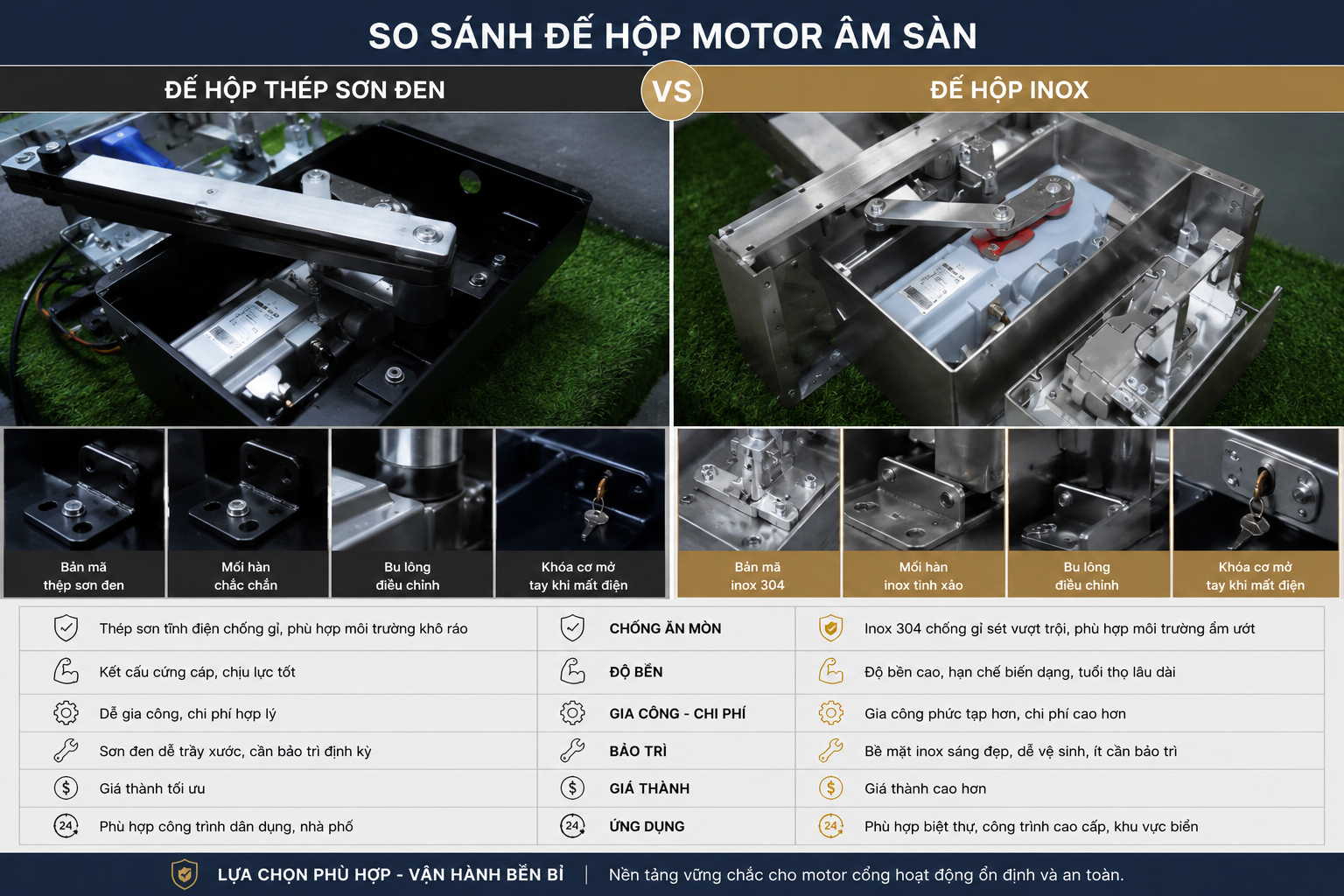 bảng so sánh giữa đế hộp thép và đế hộp inox